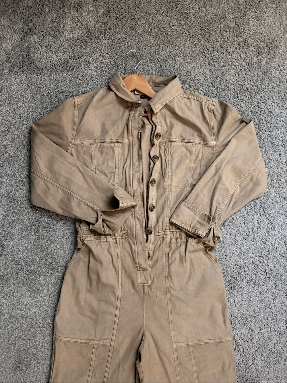Utility Button-Front Jumpsuit in Tan